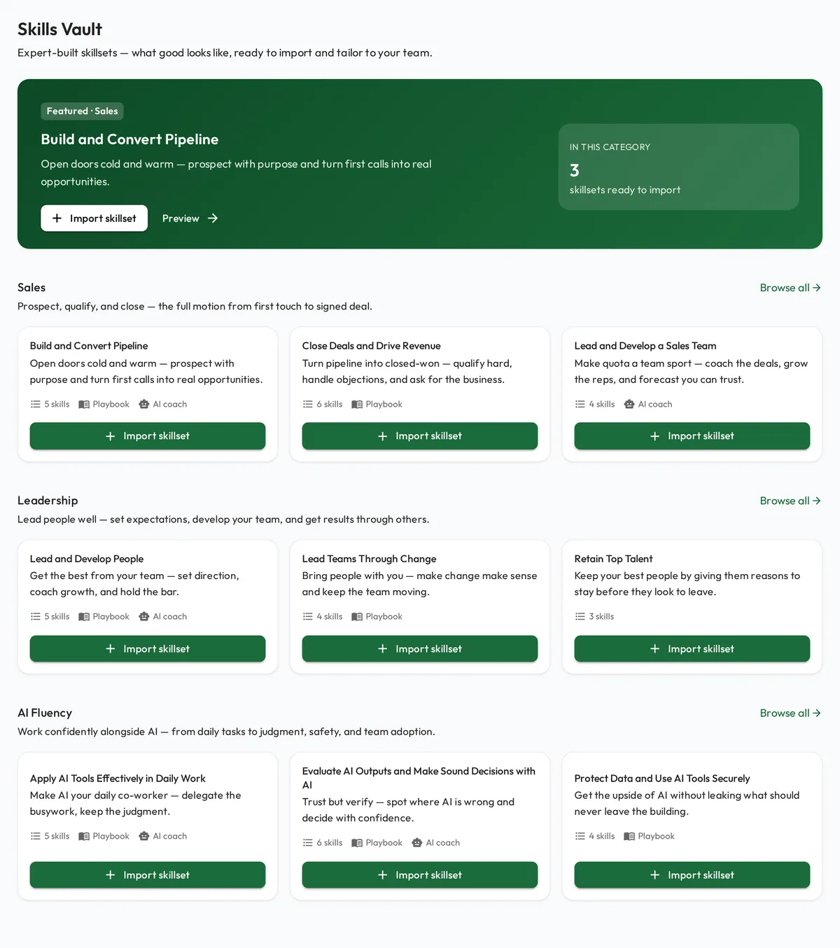 The redesigned Skills Vault, showing rows of expert-curated skillsets, each with an Import button.